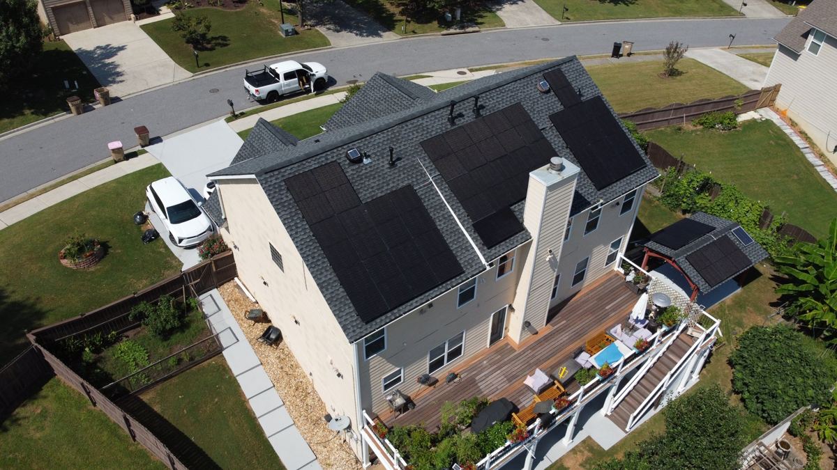 Drone shot of a completed home solar system in metro Atlanta